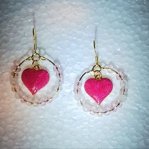 Earrings pink enameled heart charm,clear and pink crystals.